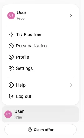 ChatGPT's profile menu open at the bottom left, with Settings in the list.