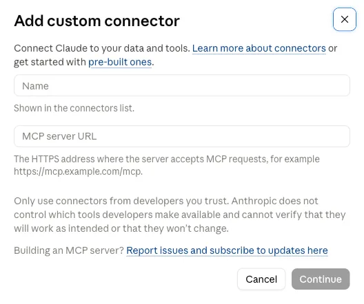 The Add custom connector box, with empty Name and MCP server URL fields.