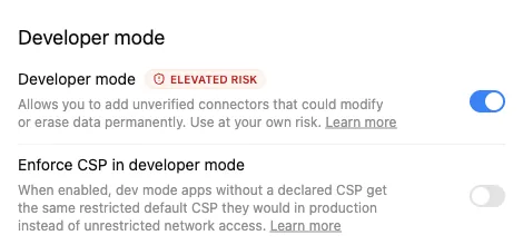 The Developer mode switch turned on, with a red Elevated risk tag beside its name.