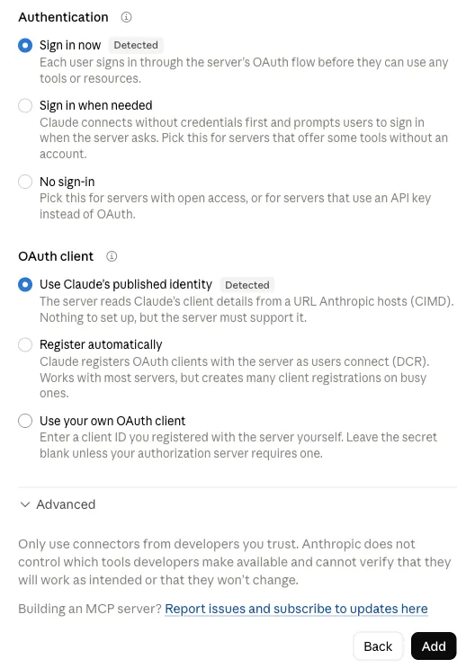 Claude's sign-in settings for AdCopilot: Sign in now and Use Claude's published identity selected and marked Detected, with Back and Add at the bottom.