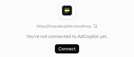 AdCopilot's connector page in Claude, with the Connect button.