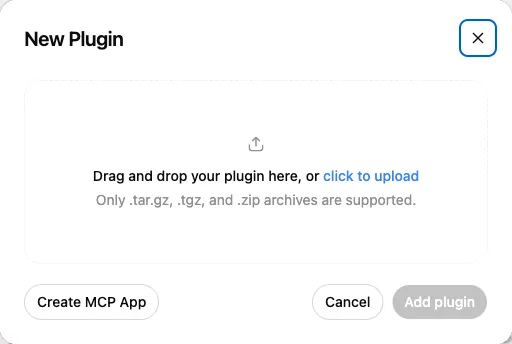 The New Plugin box, with the Create MCP App button at the bottom left.