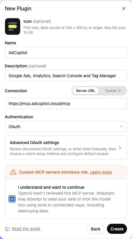 The filled-in form: icon, Name AdCopilot, the description, the Server URL, Authentication OAuth, and the box ticked.