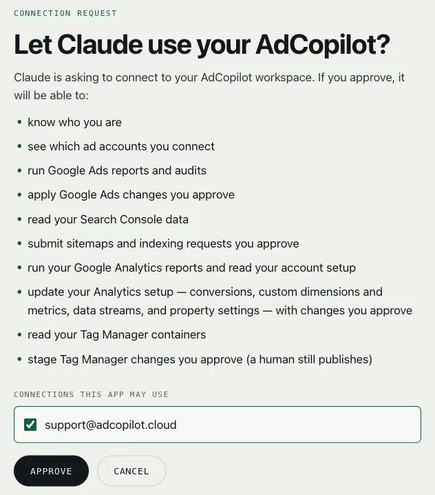 AdCopilot's page asking Let Claude use your AdCopilot?, with an Approve button.