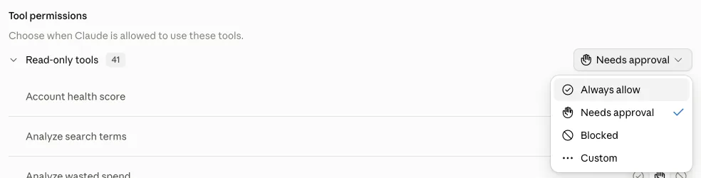 The Read-only tools menu open under Tool permissions: Always allow, Needs approval, Blocked and Custom.