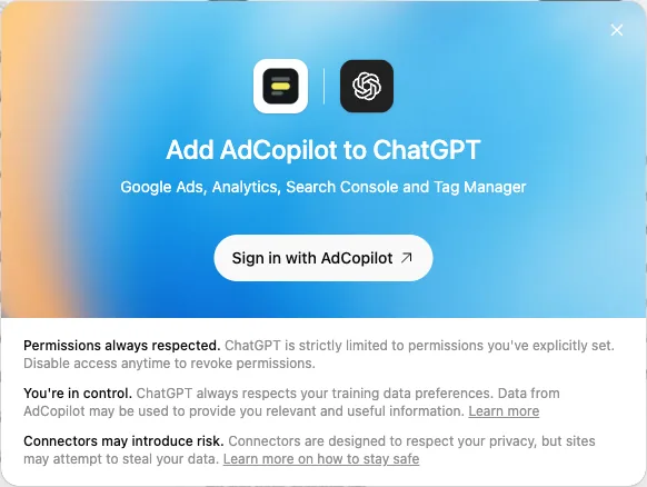 ChatGPT's Add AdCopilot to ChatGPT box with the Sign in with AdCopilot button.
