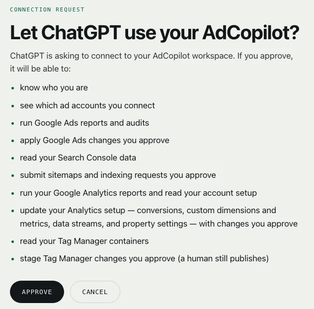 AdCopilot's page asking Let ChatGPT use your AdCopilot?, with an Approve button.