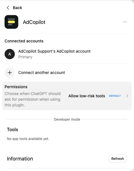 AdCopilot's page in ChatGPT's settings, connected, with No app tools available yet under Tools.