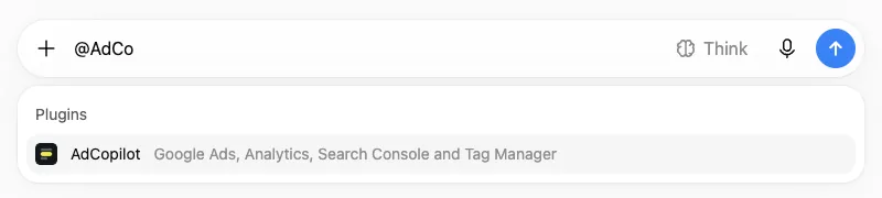 A new chat with @AdCo typed and AdCopilot offered in the list with its icon.