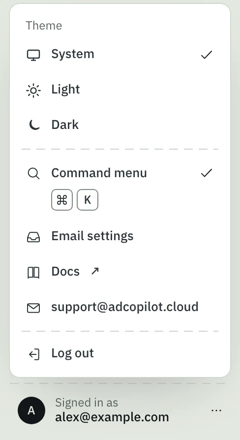 The account menu open above Signed in as alex@example.com: the theme, Command menu, Email settings, Docs, the support address and Log out.