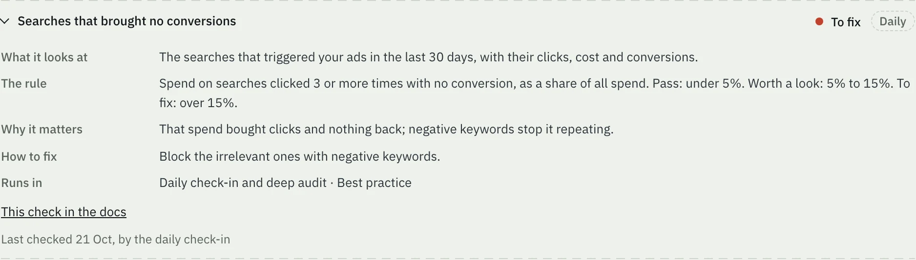 One check opened: Searches that brought no conversions, To fix, with What it looks at, The rule, Why it matters, How to fix and Runs in.