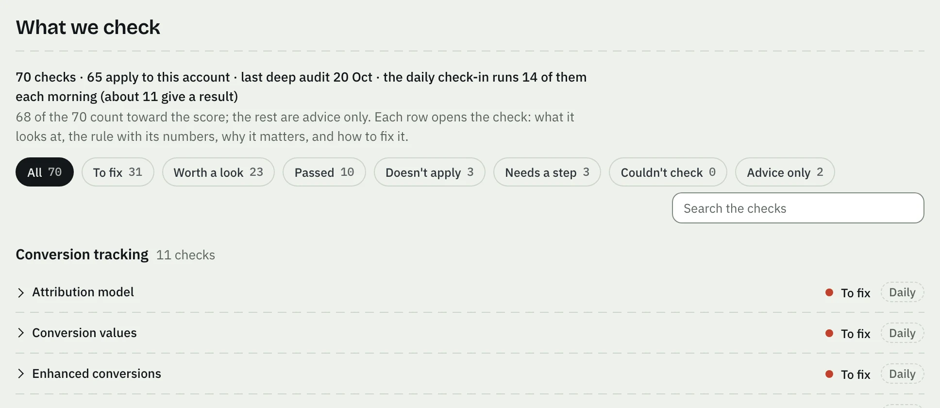 The What we check tab: 70 checks, 65 apply to this account, filters from All 70 to Advice only, and the first checks with their status, such as To fix, Worth a look or Passed.
