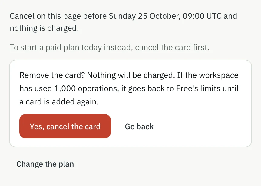 Cancel the card pressed: Remove the card? Nothing will be charged, with Yes, cancel the card and Go back, under the cancel-by time.