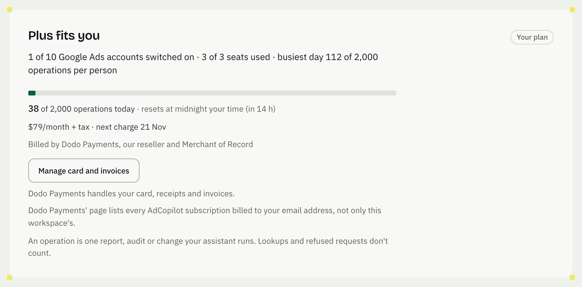 The plan box on Billing for Plus: Plus fits you, how much of it you use, the price and next charge date, and Manage card and invoices.