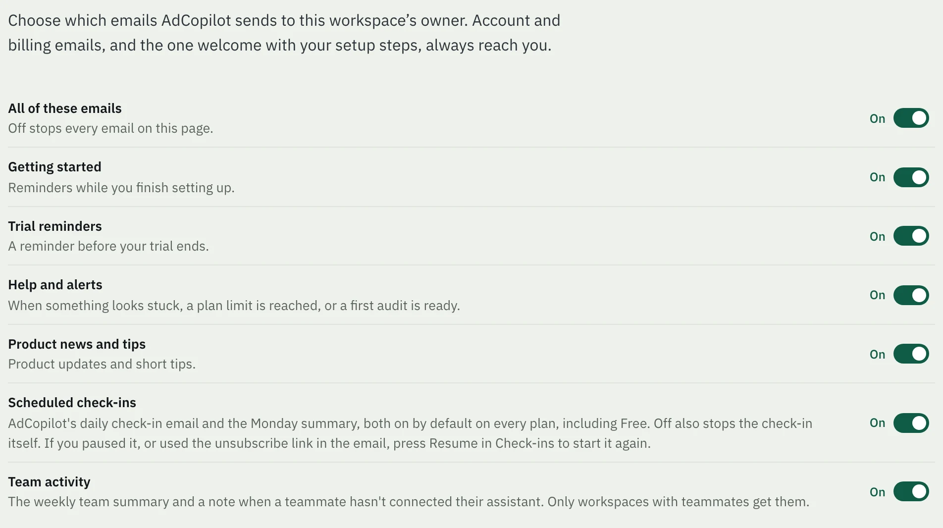 Email settings: switches for All of these emails, Getting started, Trial reminders, Help and alerts, Product news and tips, Scheduled check-ins and Team activity, all on.