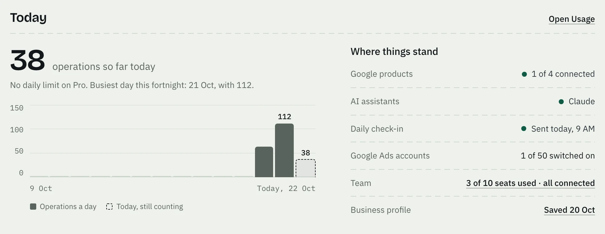 Today on Home: 38 operations so far today, a chart of the last 14 days, and Where things stand with Google products, AI assistants, Daily check-in and Google Ads accounts.