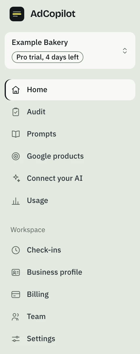 The left menu: AdCopilot, the workspace Example Bakery on a Pro trial with 4 days left, and the pages Home, Audit, Prompts, Google products, Connect your AI and Usage, then under Workspace: Check-ins, Business profile, Billing, Team and Settings.