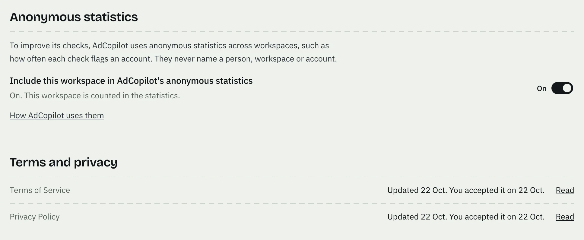 The Settings page: Anonymous statistics with its switch on, and Terms and privacy with the date each was updated and accepted.