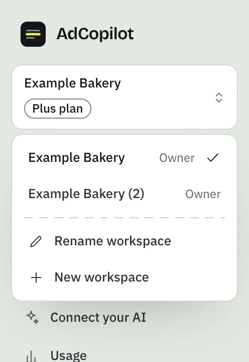 The workspace menu open: Example Bakery, Owner, ticked, and Example Bakery (2), Owner, with Rename workspace and New workspace below.